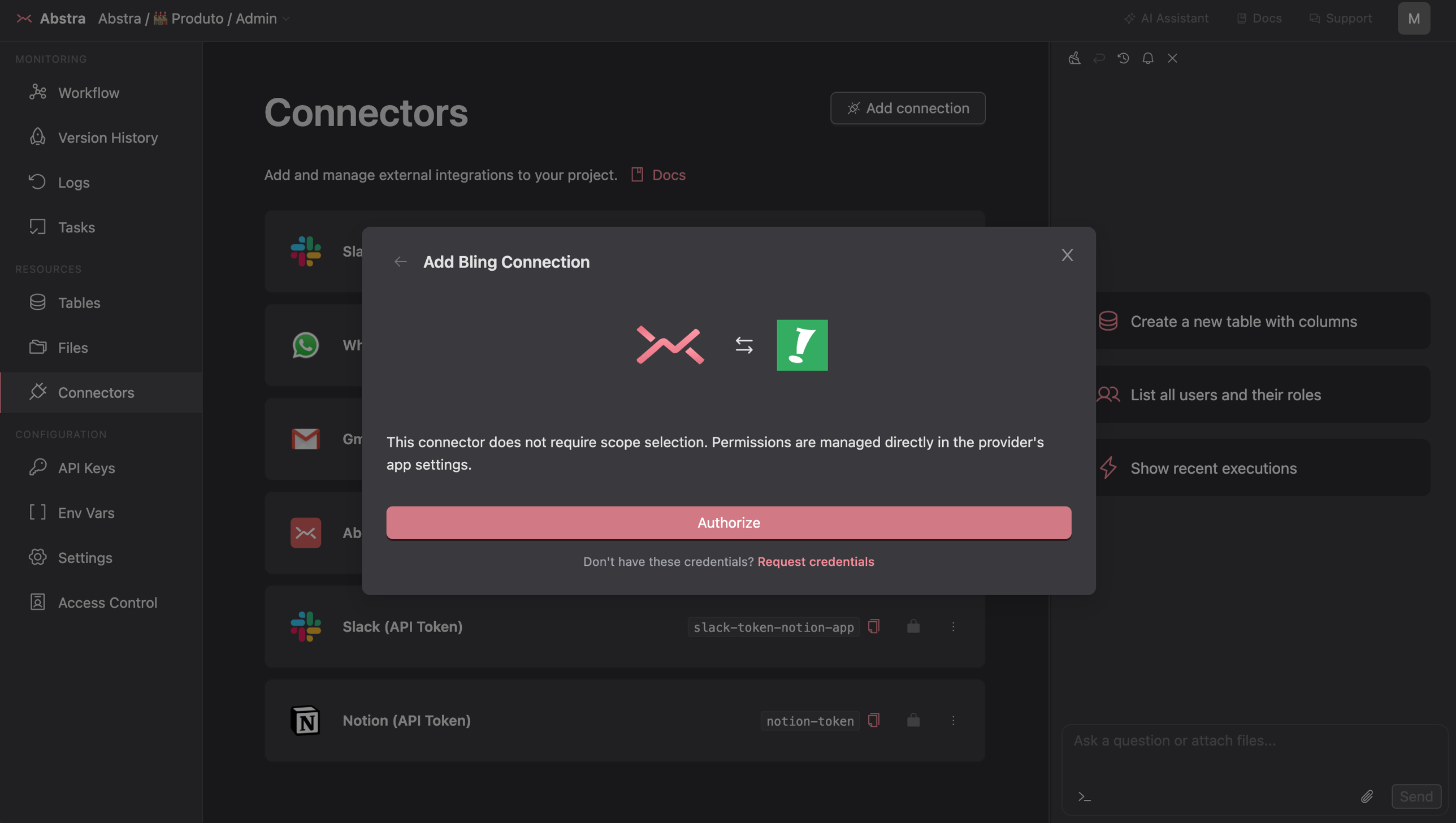Diálogo "Add Bling Connection" no console da Abstra