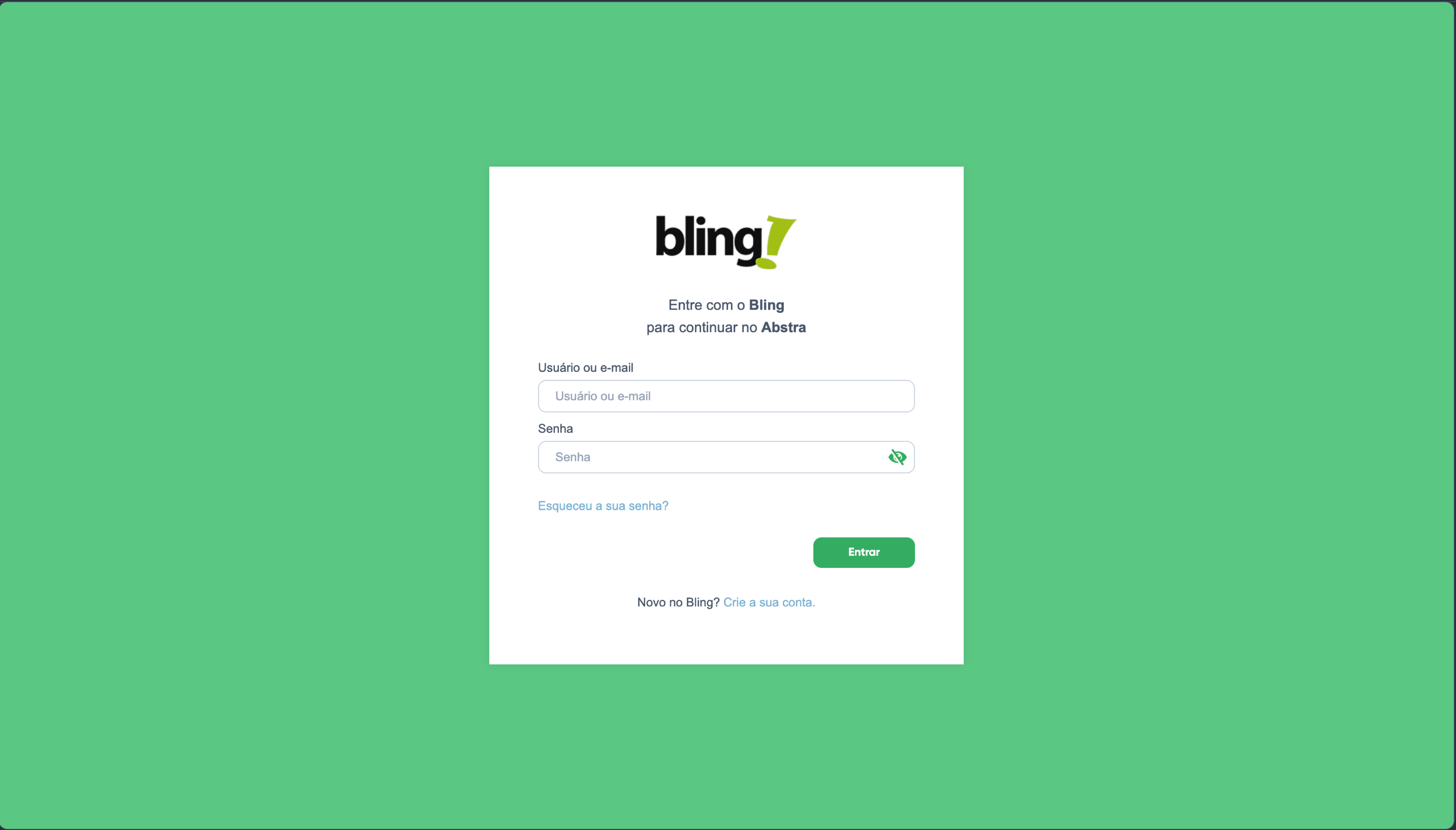 Tela de login do Bling — "Entre com o Bling para continuar no Abstra"