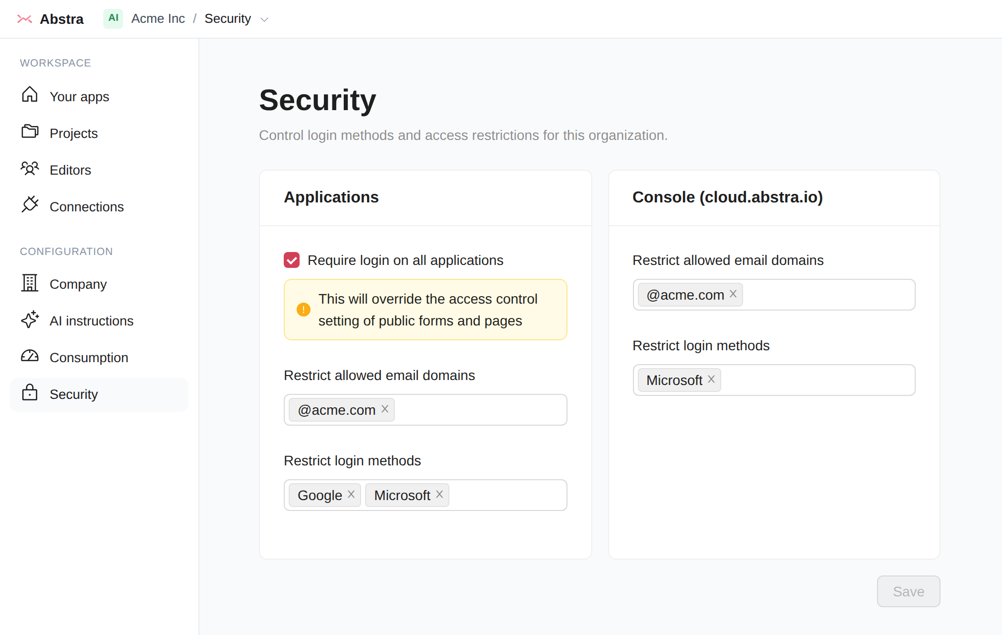 Organization Security settings