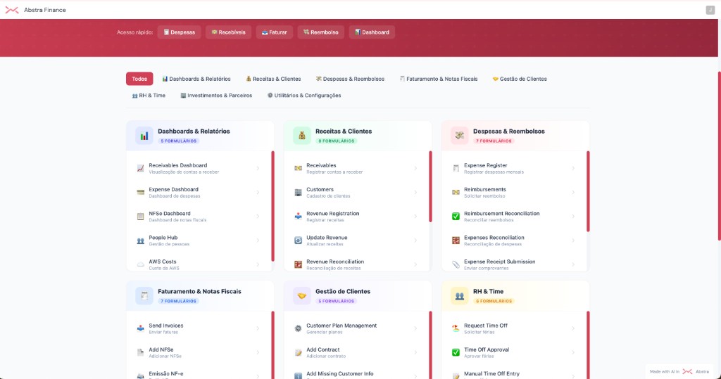 Portal admin financeiro com dashboards, receitas, despesas e formulários